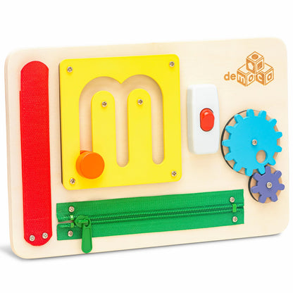 deMoca Sensory Busy Board for 1 Year Old, Travel Wooden Montessori Busy Board for Toddlers 1–3, Switch and Fidget Activity Board for Early Motor Skills and Travel Play
