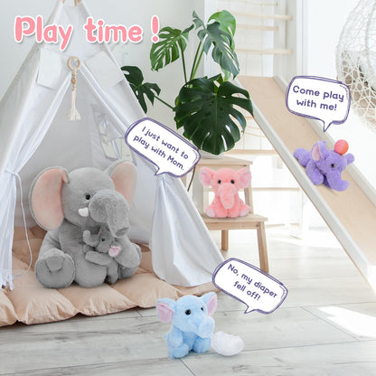 MorisMos Elephant Stuffed Animal with Rotating Trunk, 1 Mommy Elephant with 4 Babies Soft Plush Toys for Girls Boys Kids, Cute Elephant Plushie Gift for Birthday Christmas