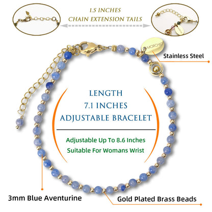 Morchic 3mm Blue Aventurine Natural Gemstone Beaded Bracelet for Women, Dainty Tiny Charm Jewelry, Adjustable 7.1-8.6", Ideal Birthday Holiday Gift
