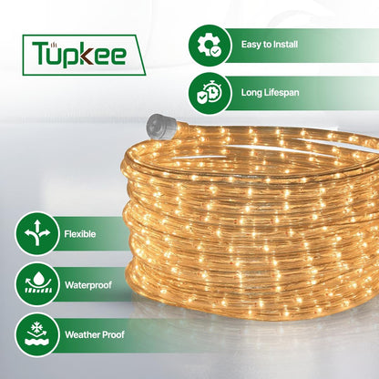 Tupkee Rope Light Warm Clear - 24 Feet (7.3 m), for Indoor and Outdoor use - 10MM Diameter - 288 Clear Incandescent Long Life Bulbs Decorative Rope Tube Lights - Pack of 2