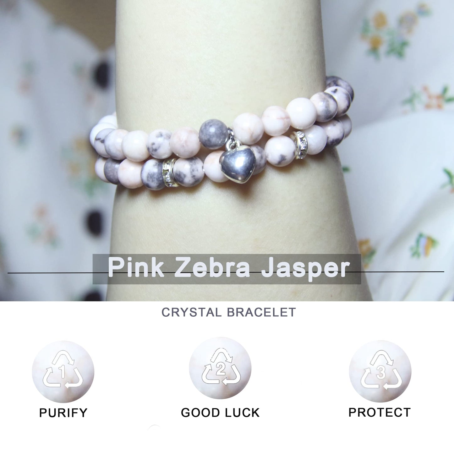 GDLKPYHS Healing Bracelets for Women - Pink Zebra Jasper Bracelet - Healing Prayers Crystal Bracelet, 8mm Natural Stone Stress Relief Yoga Beads Get Well Soon Gifts