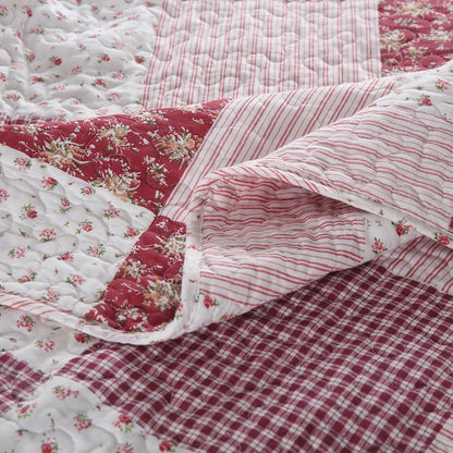 ENASAL Cotton Bedspread Quilt Bedding Sets Reversible Coverlet Sets Comforters Plaid Floral Red White Patchwork Pattern Bedspread for All Season, Queen Size