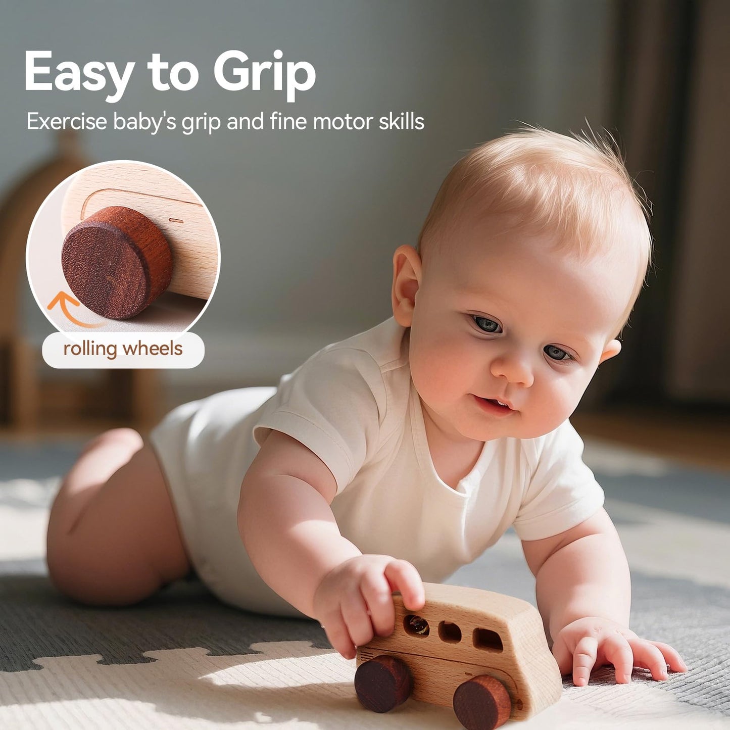 Wooden Toy Car Set for Babies & Toddlers, Montessori Wooden Vehicles with Bus, Airplane & Boat Plus Baby Push Cars, Educational Grasping Toys, Birthday