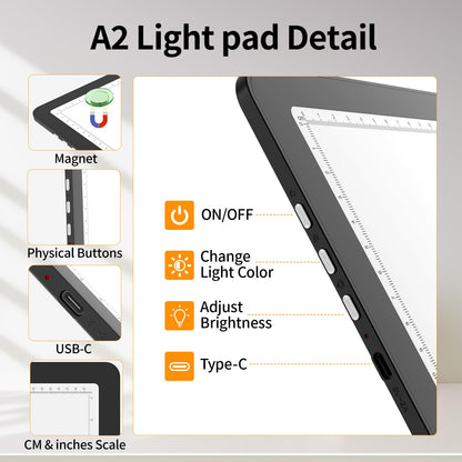 TOHETO Rechargeable Magnetic A2 Light Board 25.2''x18.4'', Large Diamond Painting Light Pad with Side Buttons, 3 Light Colors Light Box for Tracing and Drawing, Dimming LED Light Table for Sketching
