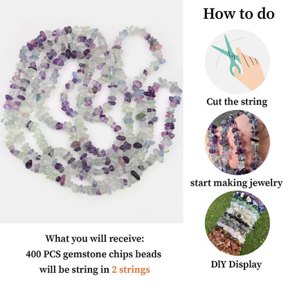 400pcs Natural Chip Stone Beads for Jewelry Making Fluorite 5-8mm Irregular Gemstones Healing Crystal Loose Rocks Bead Hole Drilled for Ring Earrings Necklace Bracelet Making DIY Art Crafts