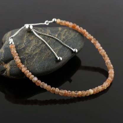 CRYSTALIS Natural Peach Moonstone Gemstone Beads Slider Bolo Bracelet, High Grade Beaded Crystals, Chakra Healing Stone, Gift Giving Women Jewelry, 925 Sterling Silver Slider 10 inch