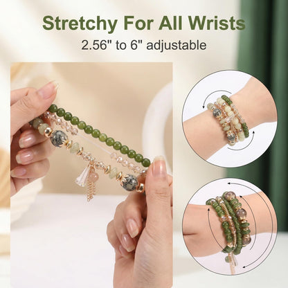 LOTSOF Bohemian Green Jade Stackable Bracelet Set - 4-Layer Stretch Beaded Bracelets with Gold Accents, Boho Jewelry for Women, Fashion Statement Accessory (Gift Ready) (Green)