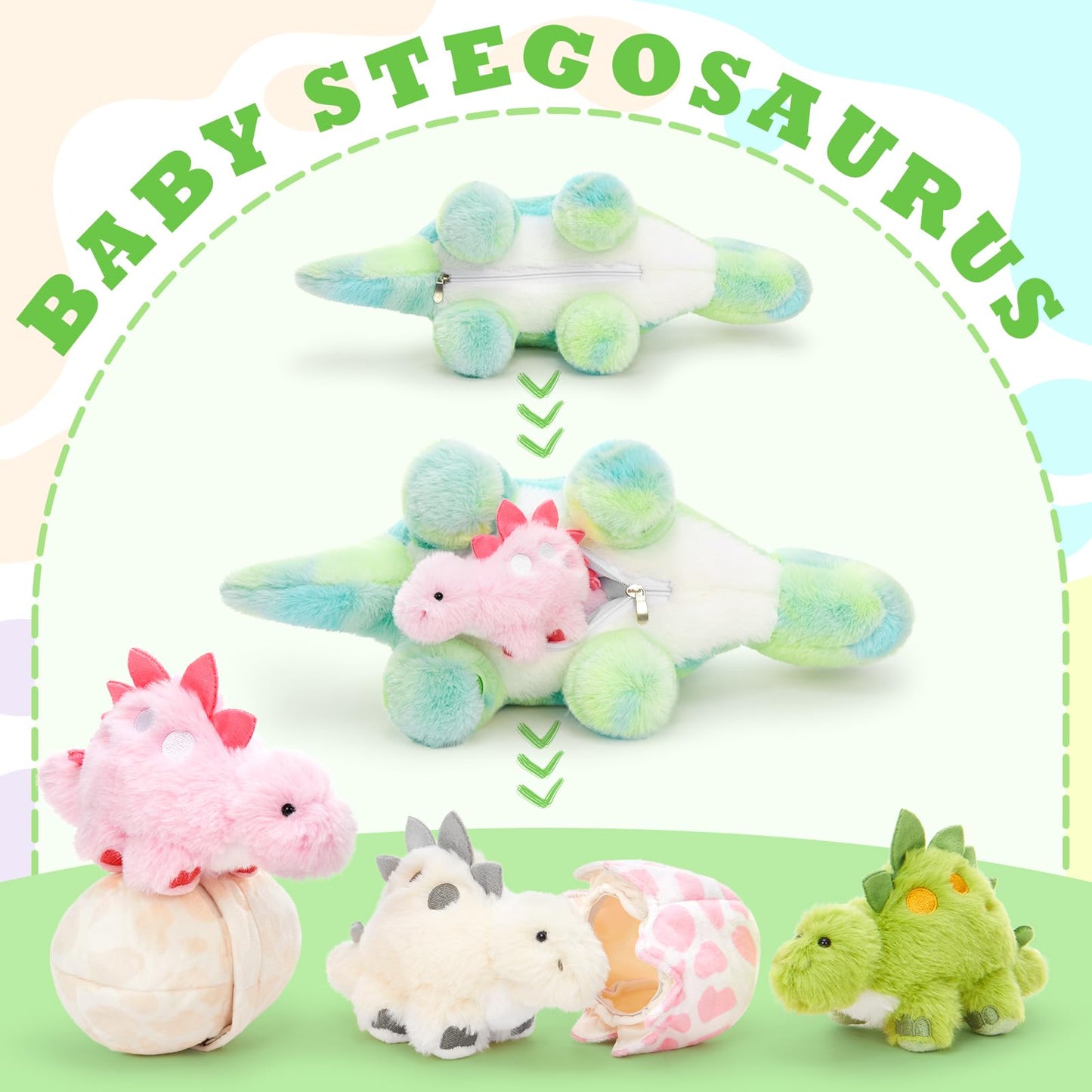 Karister Dinosaur Stuffed Animal,Dinosaur Plush Toys for Girls,Cute Dino Plushies,Mommy Dinosaurs,3 Baby & 2 Eggs Gifts Kids Boys Christmas Easter Birthday Children's Day (Night-Glowing Stegosaurus)