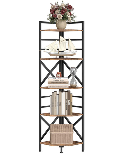 CHOEZON 69.3" Corner Shelf 5-Tier, Large Corner Shelving, Freestanding Storage Stand for Bedroom, Living Room, Kitchen, Industrial Engineered Wood Bookshelf Organizer, Rustic Brown and Black TCJ15BF