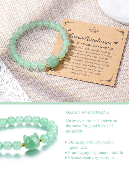 CrystalTears Green Aventurine Crystal Cat Bracelet for Women Men 8mm Healing Crystal Stone Bead Bracelets Protection Gemstones Stretch Bracelet Good Luck Bracelet Jewelry Gifts for Mom Women