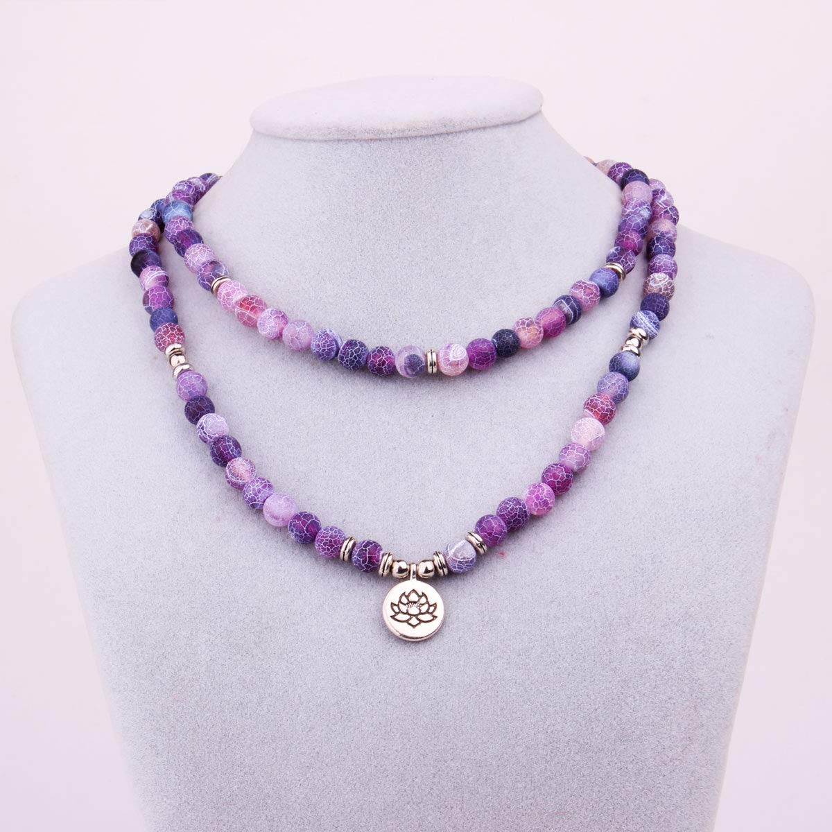 GVUSMIL 8mm 108 Mala Beads Wrap Bracelet Necklace for Yoga Charm Bracelet Natural Gemstone Jewelry for Women Men (Purple Weathered Stone)