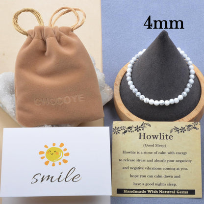 CHCCOYE 4mm Handmade Adjustable Natural Gemstone Crystal Bracelet Healing Power Energy Inspirational Gifts with Card for Unisex (Howlite)