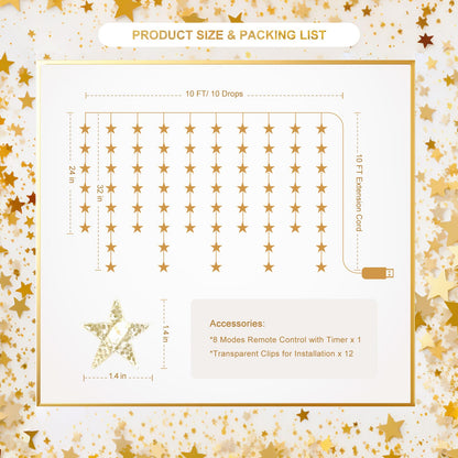 Patioman Star Curtain Lights, Warm White Window Lights 70 Stars Hanging Light with Remote Fairy Led Twinkle String Lights Home Bedroom Wall Ceiling Décor for Christmas, Wedding, Party, Birthday