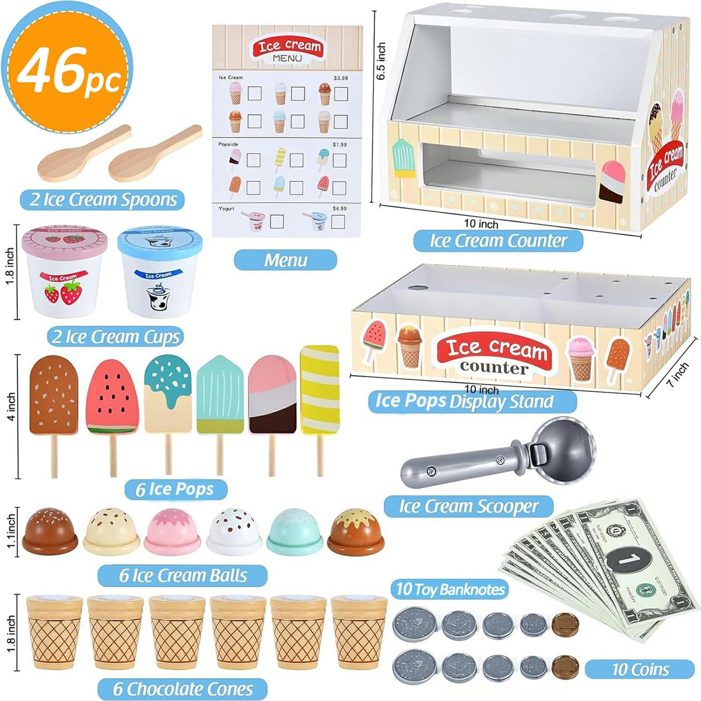 WHOHOLL Wooden Ice Cream Toys Kids Play Store Pretend Toy for Toddlers, Play Kitchen Accessories with Scoop, Menu, Ice Cream Play Set Birthday for 3 4 5 6 Year Old Girls Boys