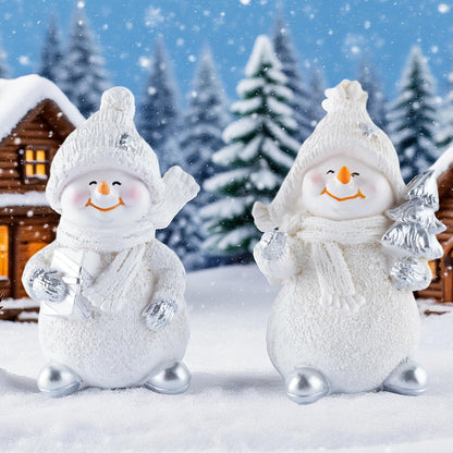 Brizoria Snowman Figurines Set of 2 White Resin Christmas Decorations with Silver Accents Winter Mantel Decor and Holiday Centerpieces for Table Home Indoor Tiered Tray Room Display