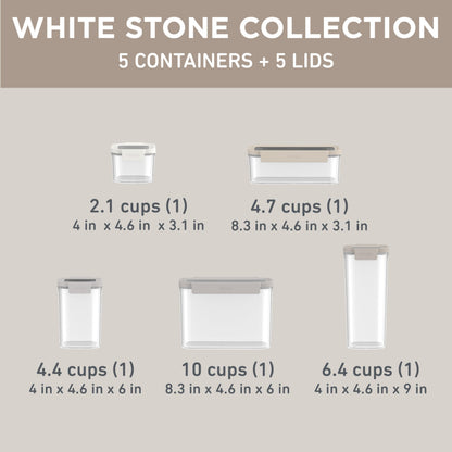 Bentgo Pantry - 10-Piece Airtight Food Storage Containers, Clear, Stackable Kitchen & Pantry Organization, Locking Lids for Freshness, BPA-Free Plastic - Ideal for Sugar, Flour, & More (White Stone)