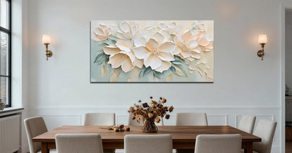 Anolyfi White Textured Flowers Canvas Wall Art for Living Room, Modern Aesthetic Sage Florals Painting Wall Decor for Hallway Bedroom Dining Room Office Home Decor 40"x20"