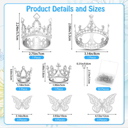 cridoz Flower Bouquet Accessories Including 4 Pcs Silver Crowns, 12 Pcs Butterfly Decorations and 50 Pcs Flower Pins for Flower Bouquets and Cake Topper Decoration