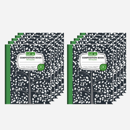 ECONAMA Composition Notebooks Pack of 10 Wide Ruled 200 Pages (100 Sheets) 9.75"x7.5" Black Marble Carbon Neutral Recyclable Paper Eco-Friendly School & Office Supplies For Students and Professionals