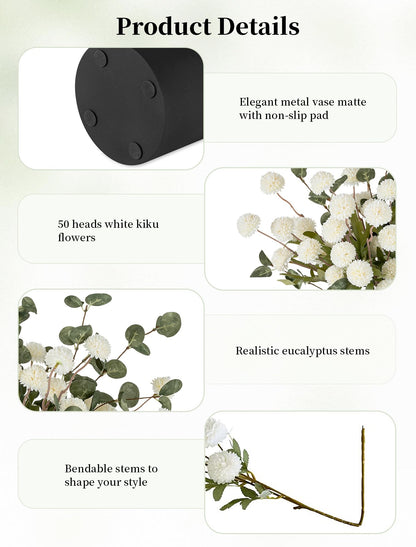 BLOSMON Fake Flowers in Vase for Centerpieces: Metal Vase with 12 Stems of Artificial Mums Kiku Flowers Eucalyptuses Home Table Decor - White Faux Pom Poms Floral Arrangements for Living Room