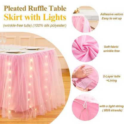 6FT Pink Tulle Table Skirt with LED Lights 2-Layer Ruffle Tulle Tutu Cloth Desk Table Skirt for Birthday Party Baby Shower Wedding Banquet Cake Dessert Decorations
