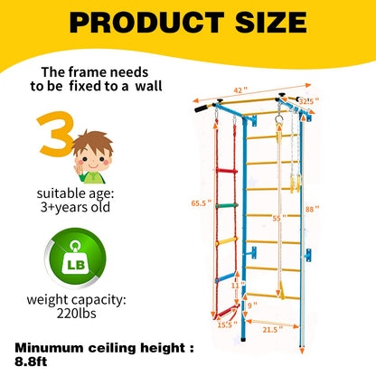 TONGMO Indoor Climbing Playground, Jungle Gym for Kids, Metal Swedish Ladder & Climbing Wall Playset, Sturdy Playground with Rope Ladder, Pull-up Bar, and Gymnastic Rings