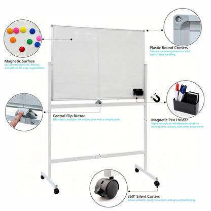 A AIRLLEN Rolling Whiteboard - 48x32 Double Sided Magnetic Dry Erase Board with One-Click Flip Button, Mobile Standing White Board for Teaching, Brainstorming & Office Presentations