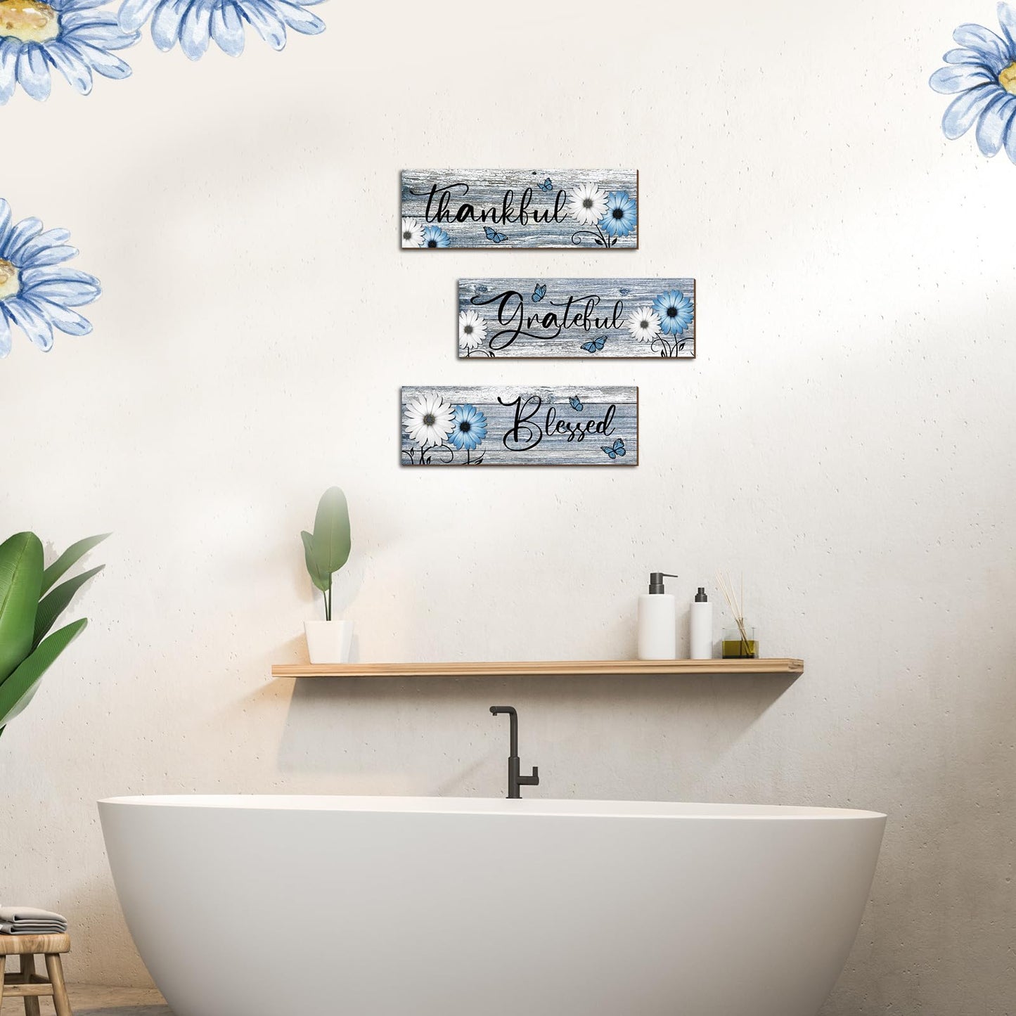 Geetery 3 Pcs Thankful Grateful Blessed Wooden Signs Rustic Daisy Wood Wall Decor Inspirational Wall Art Signs Rustic Wooden Hanging Decorations for Bedroom Kitchen Living Room Bathroom Home (Blue)