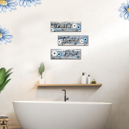 Geetery 3 Pcs Thankful Grateful Blessed Wooden Signs Rustic Daisy Wood Wall Decor Inspirational Wall Art Signs Rustic Wooden Hanging Decorations for Bedroom Kitchen Living Room Bathroom Home (Blue)