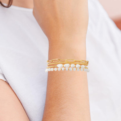 Pymach Dainty Gold Plated Pearl Crystal Beaded Bracelets Set for Women 14K Gold Plated Bead Pearl Beads Bracelet Stackable Paperclip Link Chain Bracelets Gold Plated Bracelets for Women Trendy Jewelry