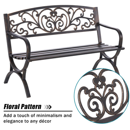 MFSTUDIO 50 Inches Outdoor Garden Bench, Cast Iron Metal Frame Patio Park Bench with Floral Pattern Backrest, Arch Legs for Porch, Lawn, Yard-Bronze