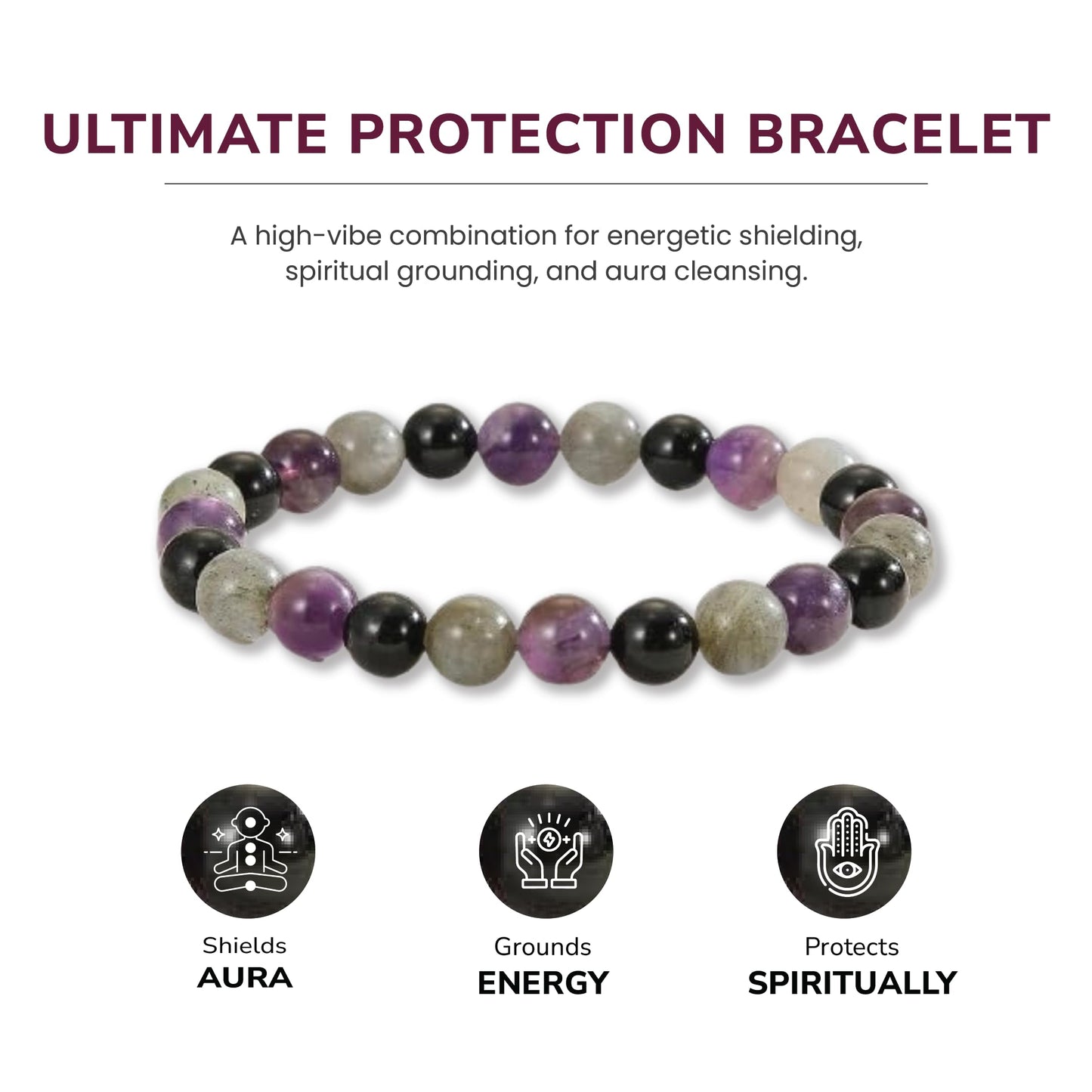 Crytsal Vibe Ultimate Protection Bracelet - Labradorite – Amethyst – Black Tourmaline - 8mm Beaded Bracelet for Protection - Elastic Adjustable Size