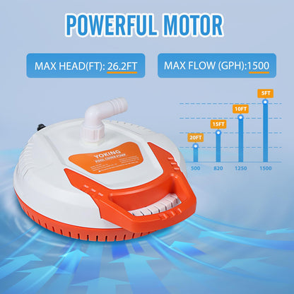 YOKING Automatic Pool Cover Pump, 1/4 HP 1500GPH Swimming Pool Submersible Water Sump Pump, 115/230V with 26ft Power Cord and 2 Adapters Water Removal for Pool, Hot Tub, Pond