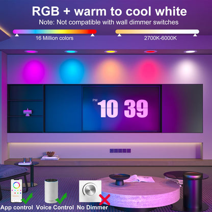HYDONG Smart Recessed Lighting 5/6 inch,Color Changing Can Lights 4 Packs,13W 1050LM Retrofit led recessed Lighting,Bluetooth APP Control,Phone Assistant Voice Control,for Bedroom Kitchen Living Room