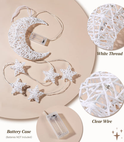 Lewondr Hanging Light,Rattan Moon Star Fairy Lights Indoor Decorative Lights Window Light Easy Operated Star Lights for Children's Room Bedroom Party Ramadan Decoration with Timer Fuction,White