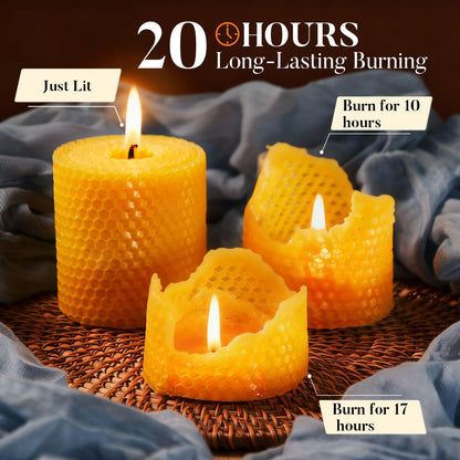 Ashlux Beeswax Pillar Candles, 3x3 Inch -Set of 3 Hand-Rolled Honeycomb Candle - Each Long Burning 17 Hours, Dripless Smokeless Unscented Handmade Beeswax for Home Decor, Prayer, Wedding,SPA