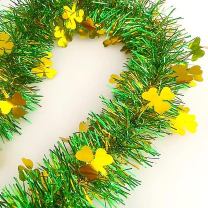 66 Ft St.Patrick's Day Tinsel Garland Decorations Shiny Thick Green Garland with Gold Shamrock Design Irish Holiday Clover Hanging Decor for Home Indoor Outdoo Saint Patrick's Day Party Supplies