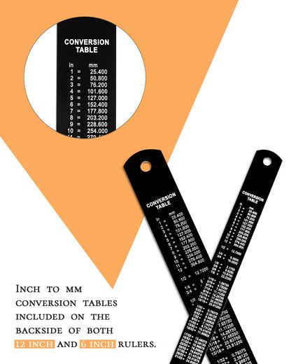 Zotemo Metal Ruler 12 Inch and 6 Inch with Metric Scales Millimeter, Centimiter, and Conversion Table, Easy to Read Straight Edge Starts at 0, Stainless Steel Rule for School and Office, 2 Pack