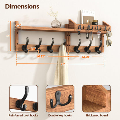 Evermagin 29" Coat Rack Wall Mount with Shelf, 4 in 1 Wall Mounted Coat and Key Hanger with 11 Hooks, Entryway Key Holder with Mail Holder for Living Room, Bedroom