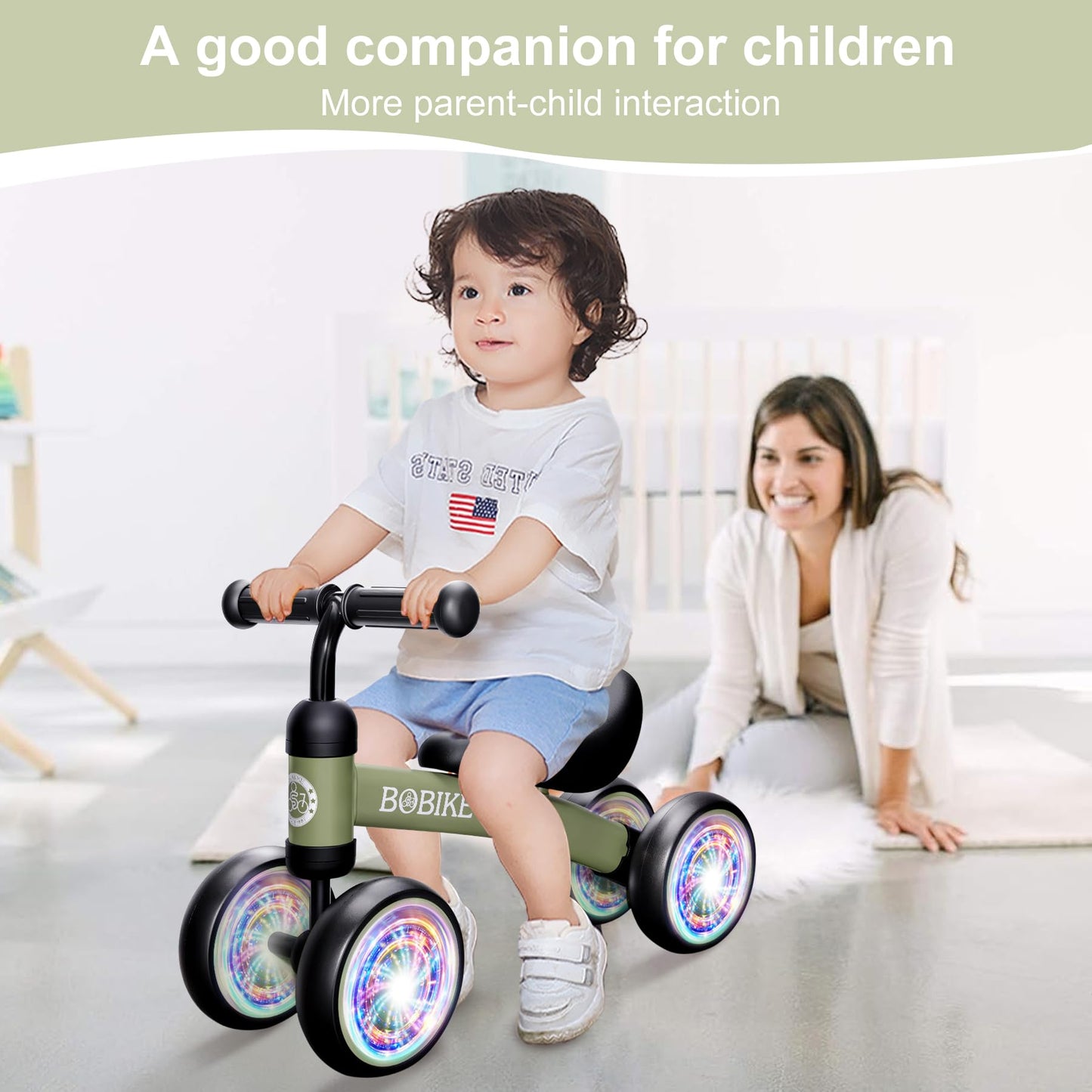 Bobike Baby Balance Bike Toys for 12-36 Months Kids Toy Boy and Girls Gifts Toddler Best First Birthday Gift Children Walker No Pedal Infant 4 Wheels Bicycle (Colorful, Deep Green-Light)