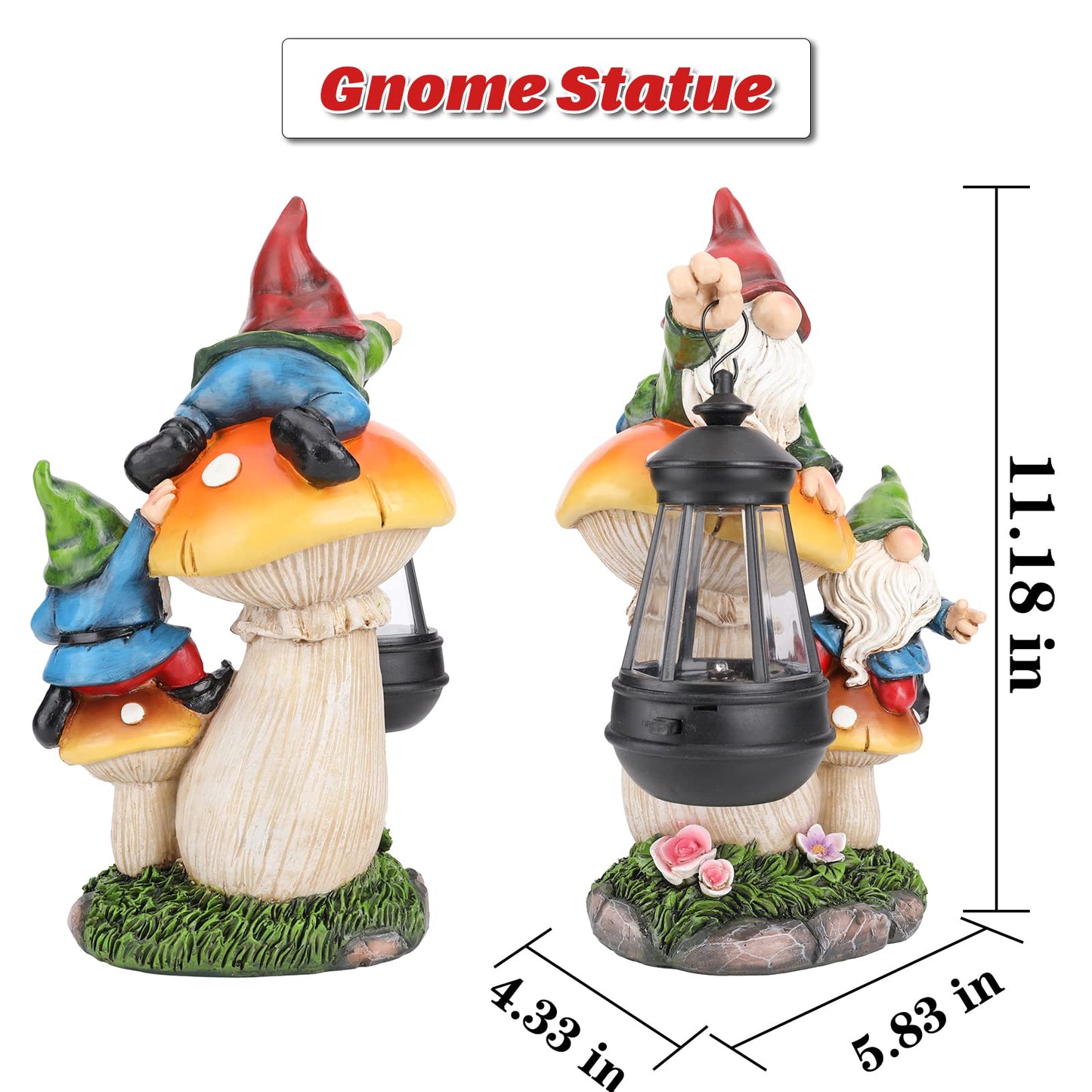Ovewios Garden Gnome Statue, Large Funny Gnome Figurine Climbing on Mushroom and Holding a Solar LED Lantern Resin Ornament for Patio Yard Lawn Porch Outdoor Decor