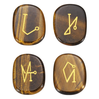 MECCANIXITY 4Pcs Engraved Chakra Stones with Reiki Symbols, Tiger's Eye Reiki Healing Crystal Gemstone 7 Chakra Crystal Stones Tumbled Palm Stone for Anxiety Relieve