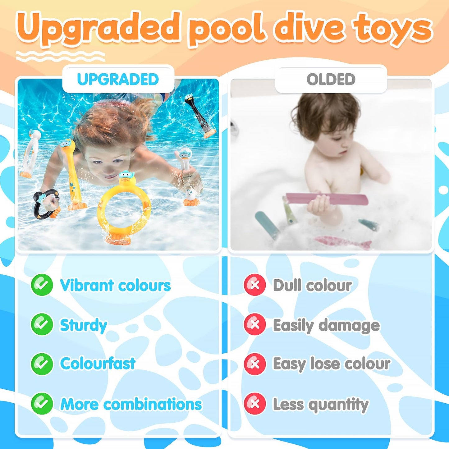 WeeHomm Pool Diving Toys for Kids, 6 PCS Swimming Pool Diving Rings, Summer Sticks Toys for Kids Ages 4-8 8-12, Fun Underwater Grow Training for Boys Girls