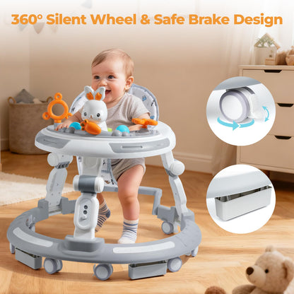 Baby Walker with Wheels - Foldable Baby Walker,4-in-1 Baby Walkers for Boys and Girls 6-12 Months, Infant Walker with Adjustable Height, Baby Activity Walker with Toys, Music, Lights, Anti-Rollover