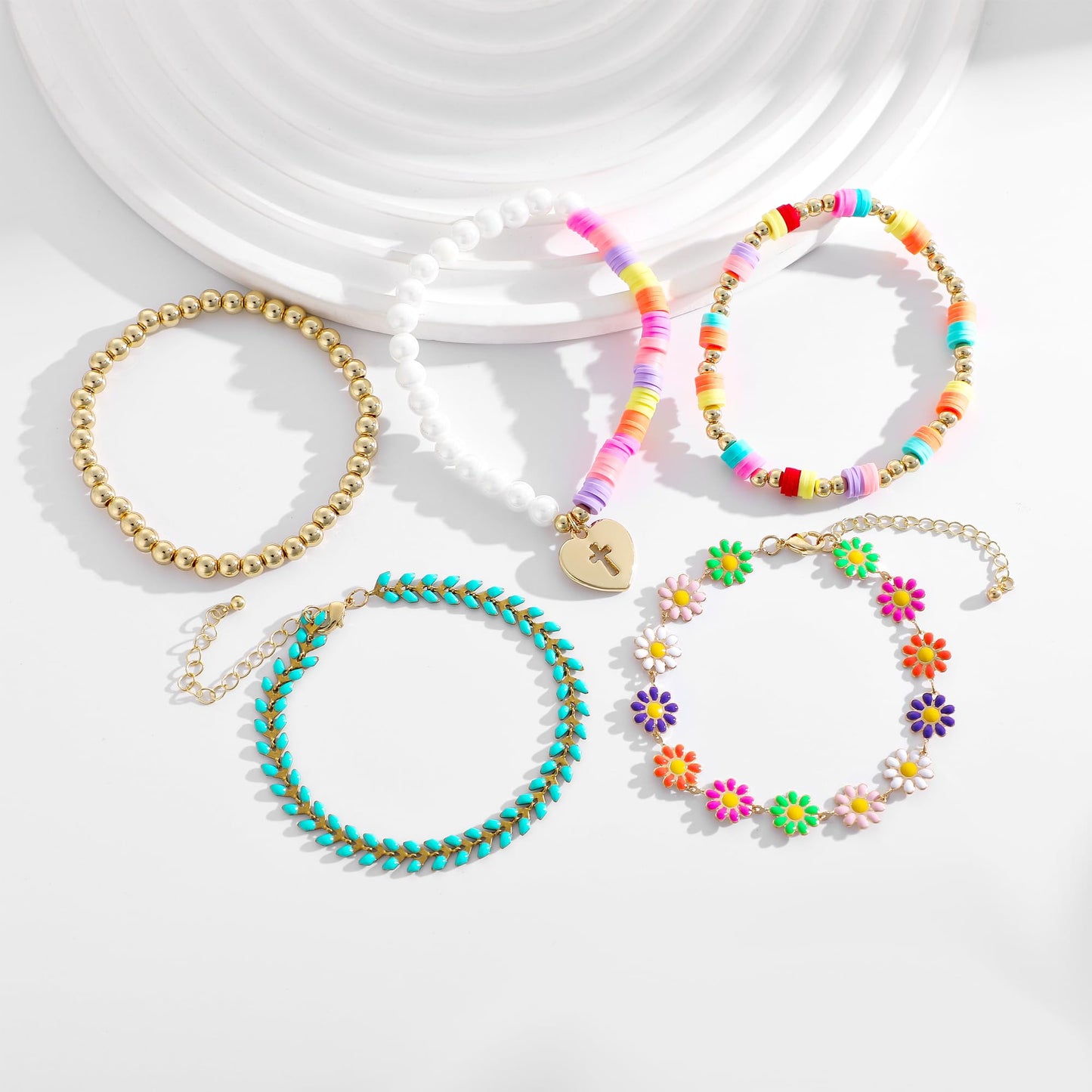 RISHEGAE Cross Beaded Stretch Bracelets for Women Easter Stackable Gold Polymer Clay Beads Bracelets Friendship Boho Summer Beach Bracelet Jewelry Set