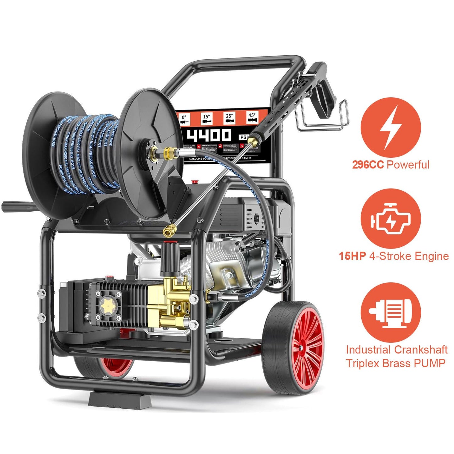 KARHDIR 4400 PSI Gas Powered Commercial High Pressure Washer with 296cc 15HP Engine 4.0GPM Electric Start, Includes Hose Reel 50 FT 3/8 inch Hose 5 Quick Connect Nozzles Spray Gun and Wand