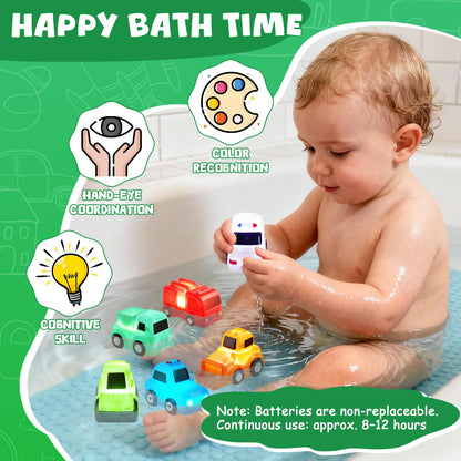 Baby Bath Toys, 6 Pack Light Up Cars Bath Toys, No Hole No Mould Bathtub Toy for 1 2 3 Year Olds, Flashing LED Sensory Toy for Toddlers, Bath Time Shower Gifts for Boys and Girls