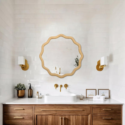 FUIN 20" Round Rattan Wall Mirror, Scalloped Wavy Wicker Frame – Handwoven Natural Boho Decor for Bathroom Vanity, Nursery & Entryway – Distortion-Free Glass