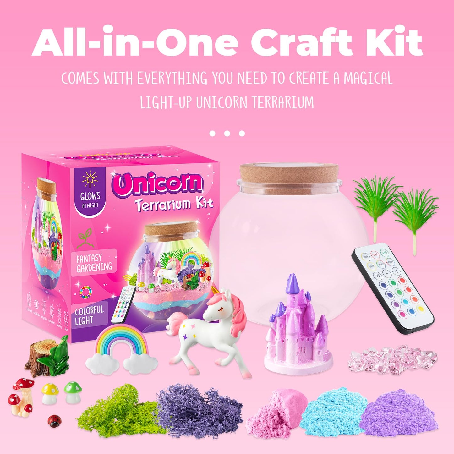 JOYEEMAX Unicorn Light-Up Terrarium Kit for Kids - LED Night Light Birthday Gift for Girls Ages 4 5 6 7 8-12 Year Old - Unicorn Toys for Girls - DIY Arts and Crafts Kit for Kids
