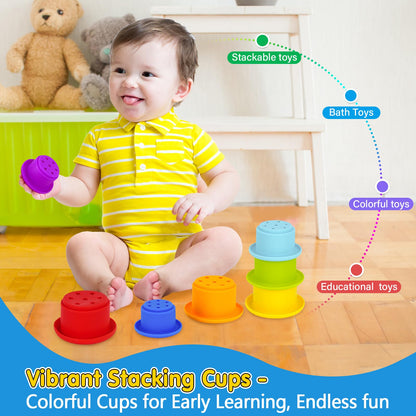 KMTJT Montessori Educational Toys for 1+ Year Old Toddler, 1st First Birthday Gifts for 1-2 Years, Includes Stacking Cups, 2 in 1 Object Permanence Box, Bead Maze, Mirror Puzzle and More
